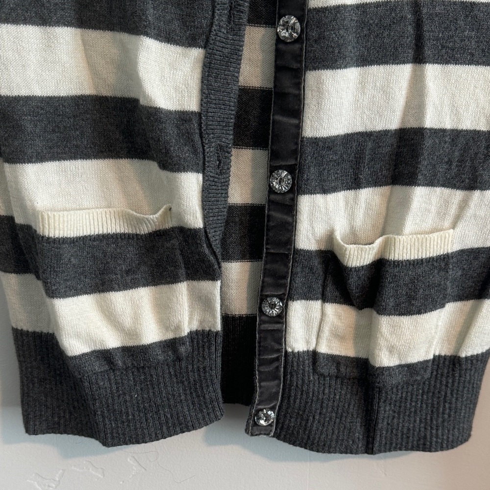 Vintage Hollister Charcoal & White Striped Button-Up Cardigan with/Jewel Buttons - Picture 2 of 4